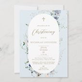 ワイルドフラワーエレガントブルーオーバルフレームボーイ《キリスト教》洗礼式や命名式 招待状 (正面)