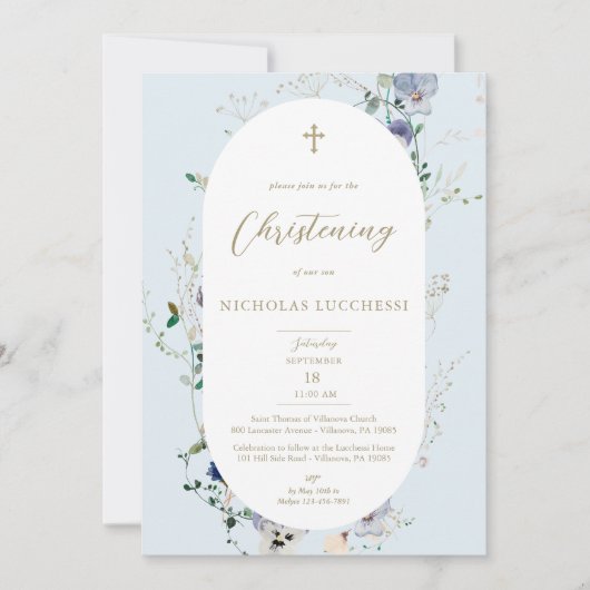 ワイルドフラワーエレガントブルーオーバルフレームボーイ《キリスト教》洗礼式や命名式 招待状 (正面)