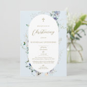 ワイルドフラワーエレガントブルーオーバルフレームボーイ《キリスト教》洗礼式や命名式 招待状 (スタンド正面)