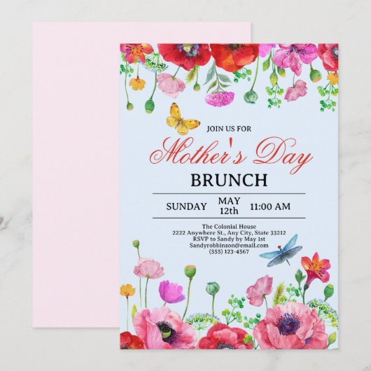 ワイルドフラワーエレガントブルーシック母の日ブランチ 招待状 (正面/裏面)