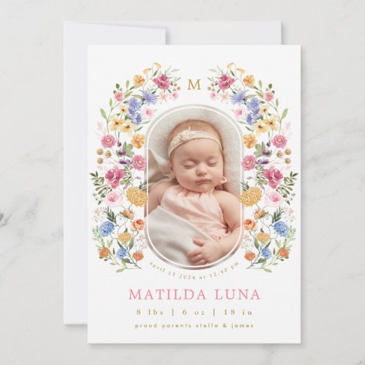 ワイルドフラワーエレガントベビーガール誕生のお知らせ 招待状 (正面)