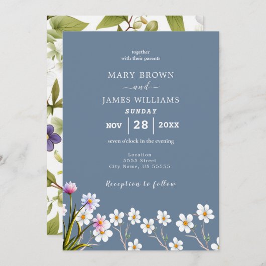 ワイルドフラワーエレガントペリウィンクル結婚式招待状 招待状 (正面/裏面)
