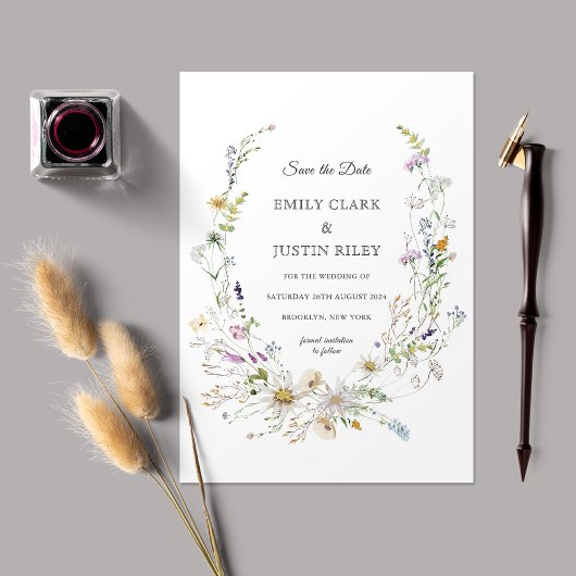 ワイルドフラワーエレガントホワイト日付を保存結婚する 招待状