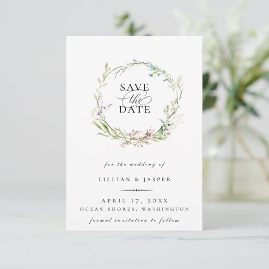 ワイルドフラワーエレガントボタニカルリース日付を保存 案内状 (スタンド正面)