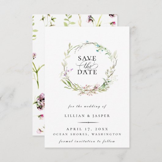 ワイルドフラワーエレガントボタニカルリース日付を保存 案内状 (正面/裏面)