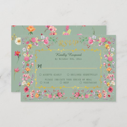 ワイルドフラワーエレガントボタニカル春庭園の結婚式 出欠カード (正面/裏面)