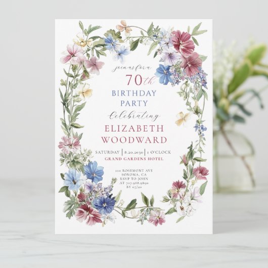 ワイルドフラワーエレガントボホウォーター色70誕生日 招待状 (スタンド正面)