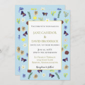 ワイルドフラワーエレガントボホブルー結婚ズ 招待状 (正面/裏面)