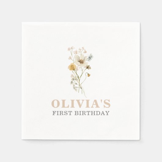 ワイルドフラワーエレガントボホーガーデンファースト誕生日 スタンダードカクテルナプキン (正面)