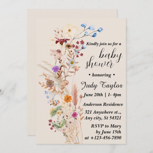 ワイルドフラワーエレガントボホ赤ちゃんシャワー 招待状 (正面/裏面)