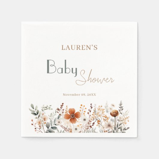 ワイルドフラワーエレガントボホ赤ん男女兼用坊シャワー スタンダードカクテルナプキン (正面)
