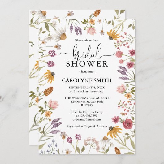 ワイルドフラワーエレガントボモダンホブライダルシャワー 招待状 (正面/裏面)