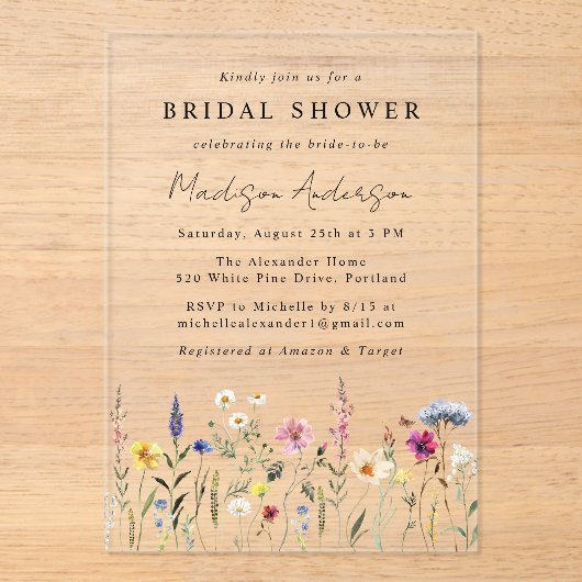 ワイルドフラワーエレガントメドウブライダルシャワー アクリル招待状 (正面)