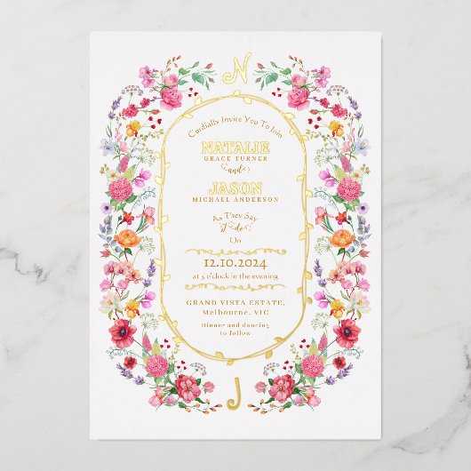 ワイルドフラワーエレガントメドウ春庭園の結婚式 箔招待状 (正面)