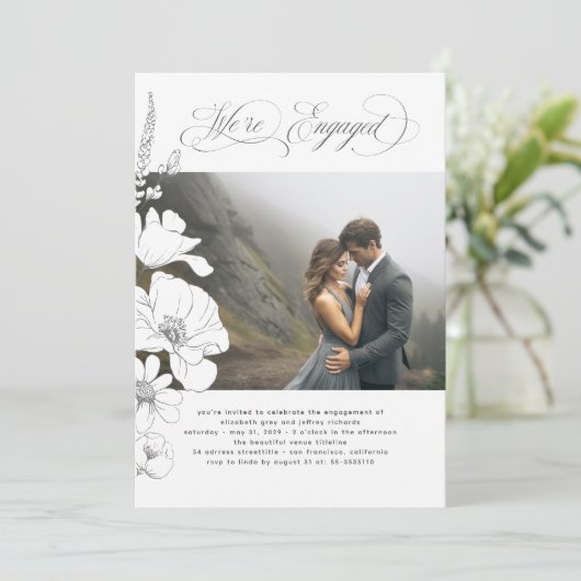 ワイルドフラワーエレガントモダン婚約パーティ写真 招待状 (スタンド正面)