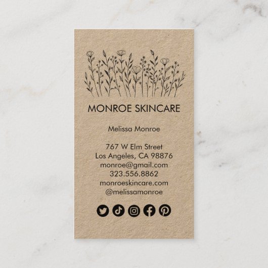 ワイルドフラワーエレガントラインアートクラフトのソーシャルアイコン 名刺 (裏面)