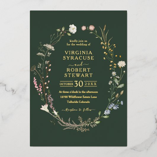 ワイルドフラワーエレガントリース王室のグリーン結婚ズ 箔招待状 (正面)