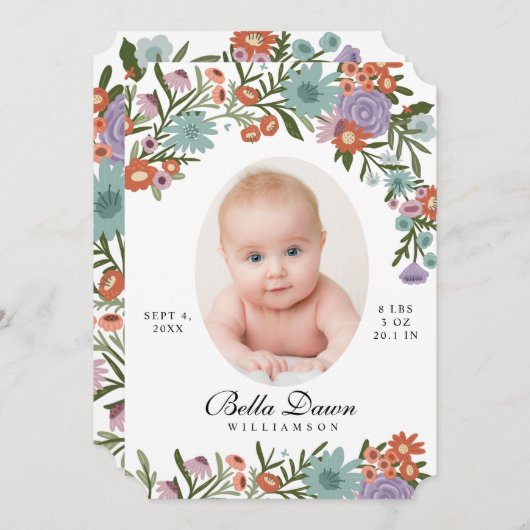 ワイルドフラワーエレガント春フローラベビーフォトホワイト 招待状 (正面/裏面)