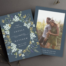 ワイルドフラワーエレガント楕円形フレーム結婚ズ写真海軍 セーブザデート