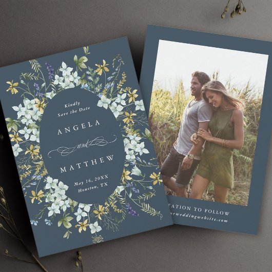 ワイルドフラワーエレガント楕円形フレーム結婚ズ写真海軍 セーブザデート