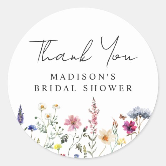 ワイルドフラワーエレガント牧草地ブライダルシャワーサンキュー ラウンドシール (正面)