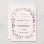 ワイルドフラワーエレガント牧草地赤面ピンク結婚ズ 招待状 (正面)