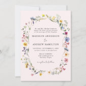 ワイルドフラワーエレガント牧草地赤面ピンク結婚ズ 招待状 (正面)