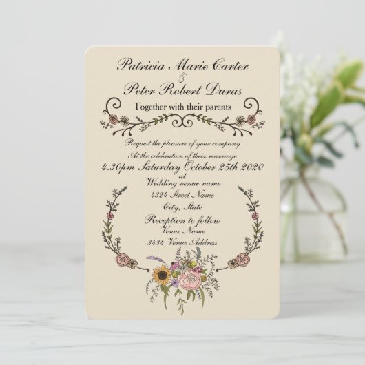 ワイルドフラワーエレガント結婚式招待状.5インチx 7インチカード 招待状 (スタンド正面)