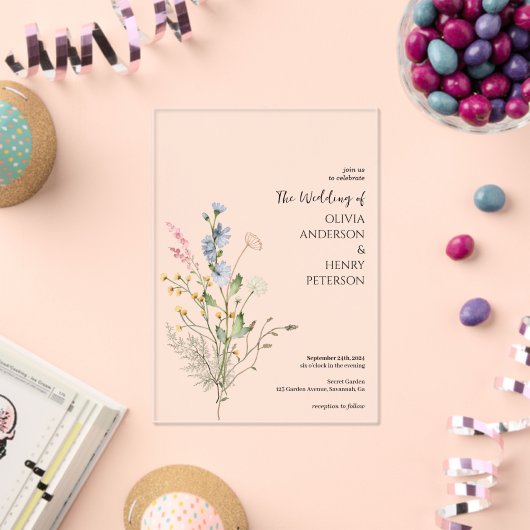 ワイルドフラワーエレガント結婚素朴フローラ アクリル招待状 (インサイチュ (お祝い))