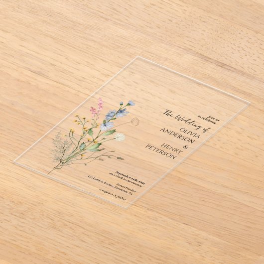 ワイルドフラワーエレガント結婚素朴フローラ アクリル招待状 (レイダウン)