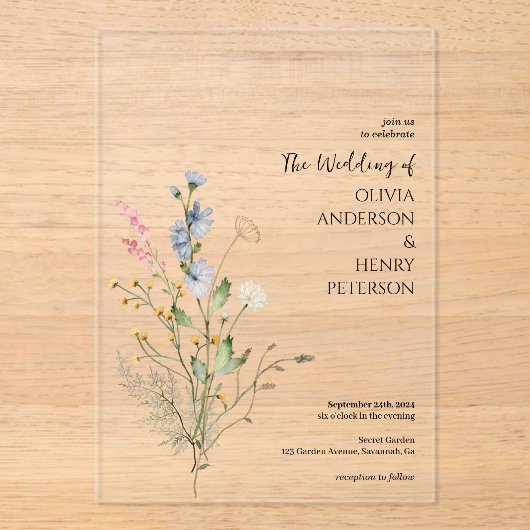 ワイルドフラワーエレガント結婚素朴フローラ アクリル招待状 (正面)