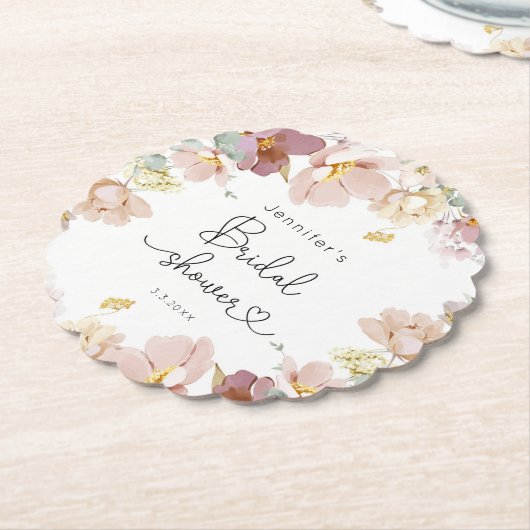 ワイルドフラワーエレガント赤面ピンクブライダルシャワー ペーパーコースター (アングル)
