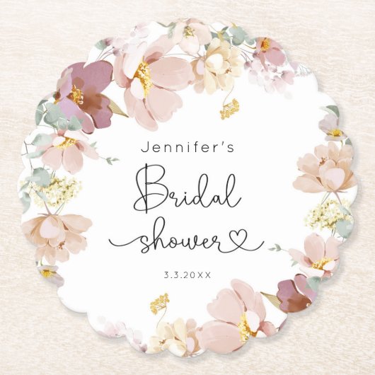 ワイルドフラワーエレガント赤面ピンクブライダルシャワー ペーパーコースター (正面)