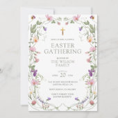 ワイルドフラワーエレガント金ゴールドクロス復活祭ギャザリング 招待状 (正面)