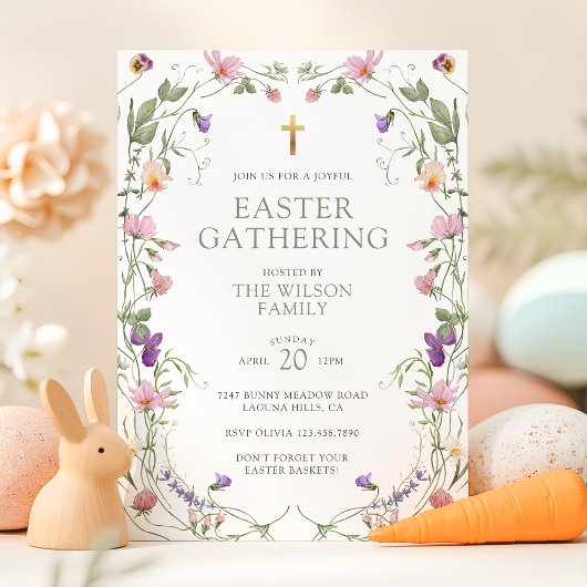 ワイルドフラワーエレガント金ゴールドクロス復活祭ギャザリング 招待状