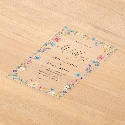 ワイルドフラワーエレガント開花ロマンチック結婚脚本 アクリル招待状 (レイダウン)