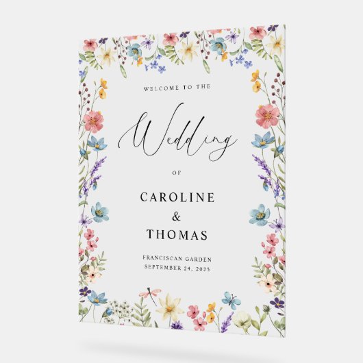 ワイルドフラワーエレガント開花結婚の歓迎 アクリルサイン (傾斜)