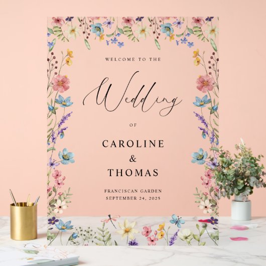 ワイルドフラワーエレガント開花結婚の歓迎 アクリルサイン (ウェディング)