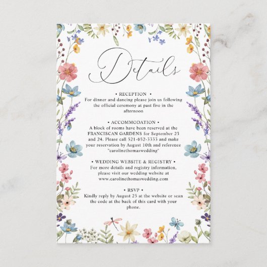 ワイルドフラワーエレガント開花QRコードの結婚詳細 エンクロージャーカード (正面)