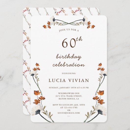ワイルドフラワーエレガント60王室の誕生日パーティー 招待状 (正面/裏面)