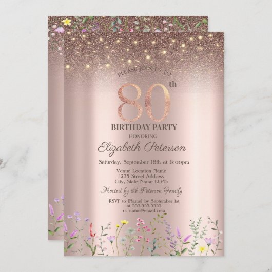 ワイルドフラワーエレガント、ストリングライト80誕生日 招待状 (正面/裏面)