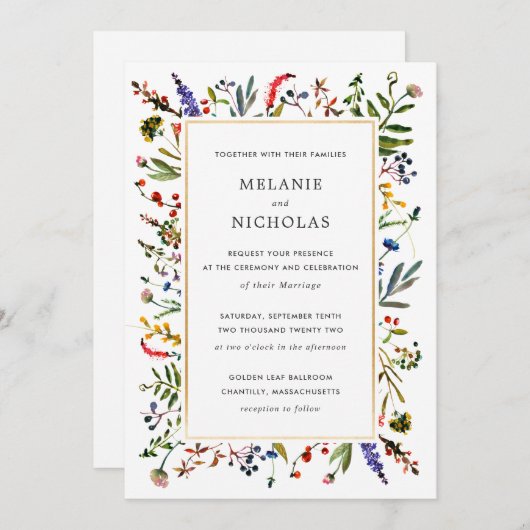 ワイルドフラワーエレガント+金ゴールド結婚の白い背中 招待状 (正面/裏面)