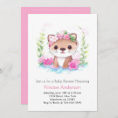 ワイルドフラワーオッターお洒落ガールベビーシャワー 招待状 (正面/裏面)