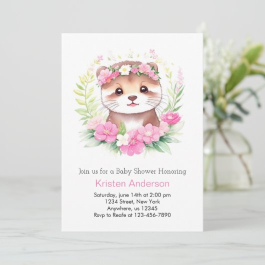 ワイルドフラワーオッターアドベンチャーが女の子ベビーシャワーを待つ 招待状 (スタンド正面)