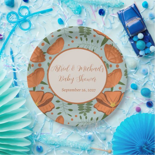 ワイルドフラワーオレンジポピー赤ちゃんシャワー| 春園 ペーパープレート (パーティー)