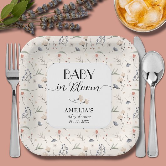 ワイルドフラワーオンアイボリーベビーシャワー ペーパープレート