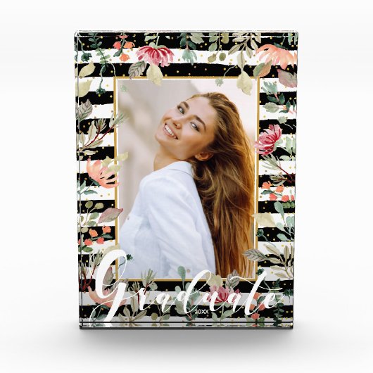 ワイルドフラワーオン白黒ストライプ卒業生 フォトブロック (正面)