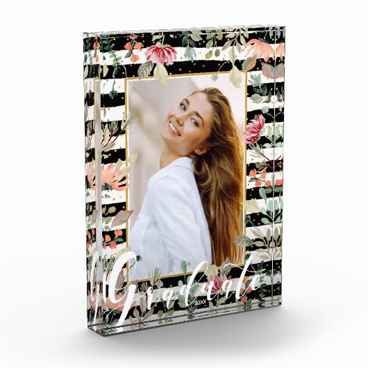 ワイルドフラワーオン白黒ストライプ卒業生 フォトブロック (左)