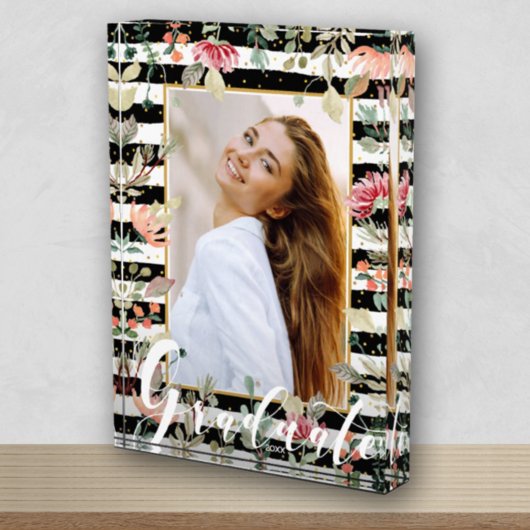 ワイルドフラワーオン白黒ストライプ卒業生 フォトブロック