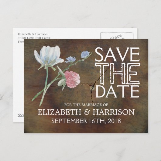 ワイルドフラワーオークウッドウェディング日付を保存 案内ポストカード (正面/裏面)